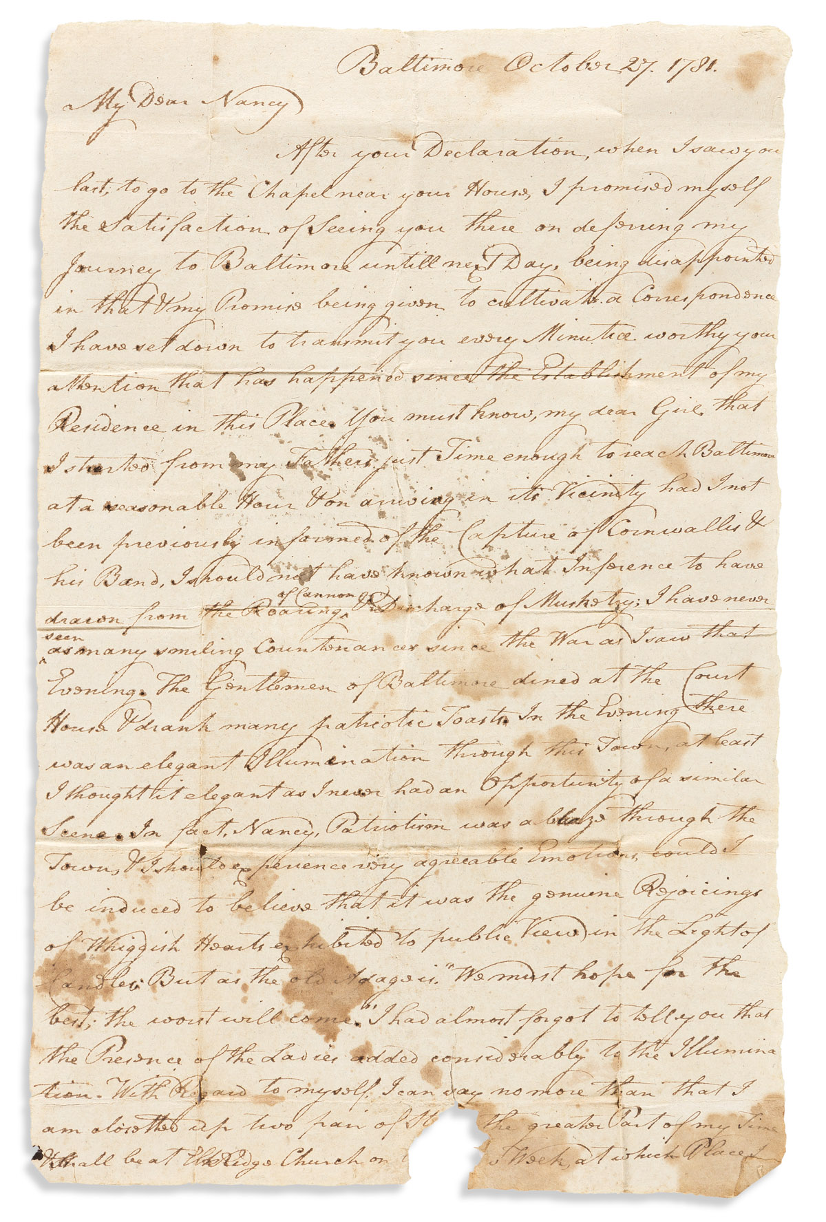 (AMERICAN REVOLUTION--1781.) H. Ridgely, Jr. Letter describing the festivities in Baltimore after the Yorktown surrender.